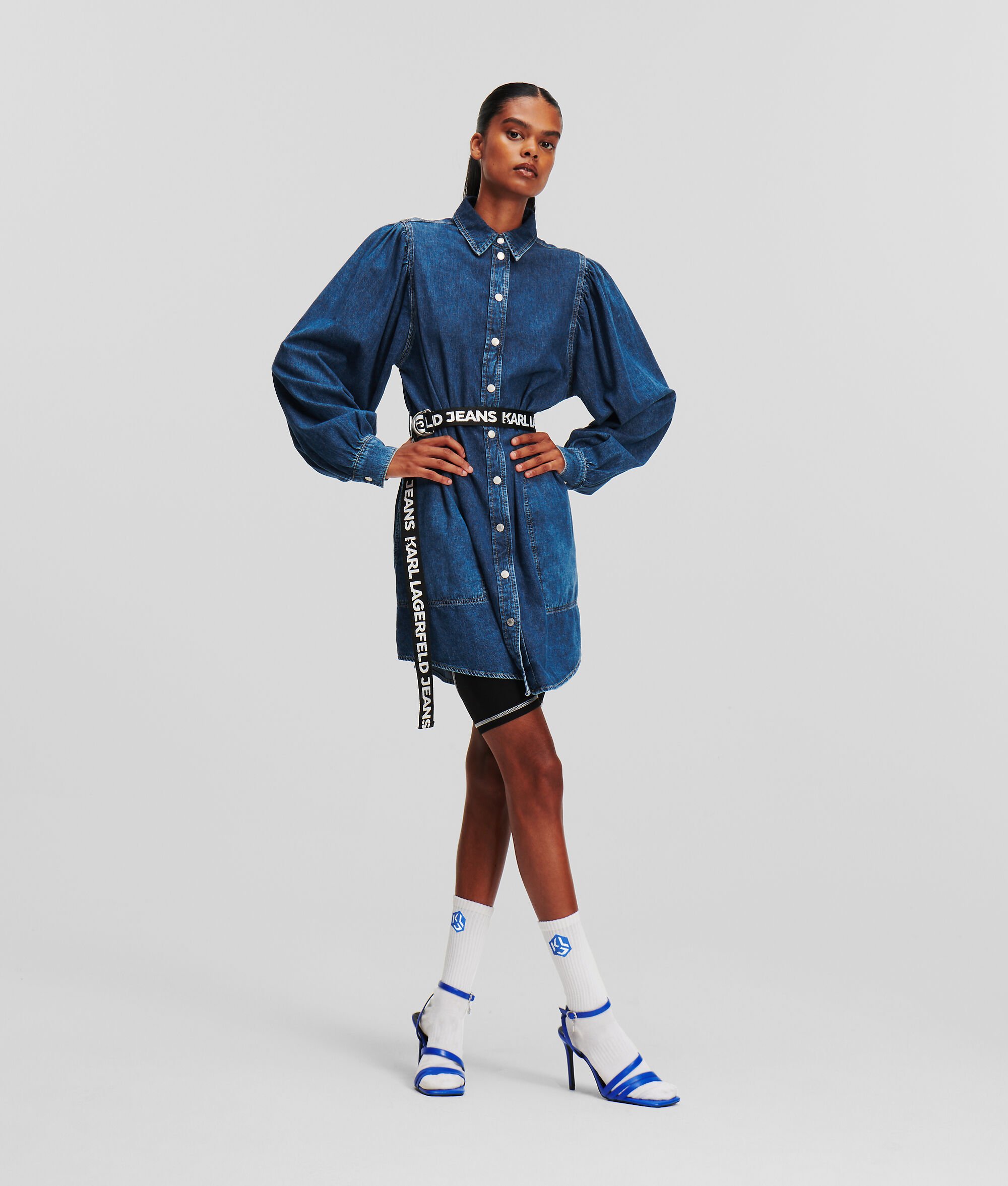 (image for) Cool KLJ BELTED PUFF-SLEEVE DENIM DRESS